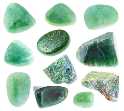 set of various green aventurine stones cutout