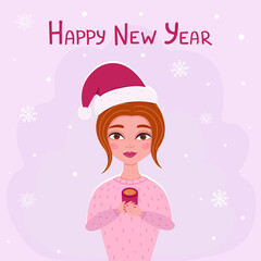 Happy New Year greeting card, girl in christmas hat. Vector Illustration for printing, backgrounds, covers, packaging, greeting cards, posters, stickers, textile, seasonal design.