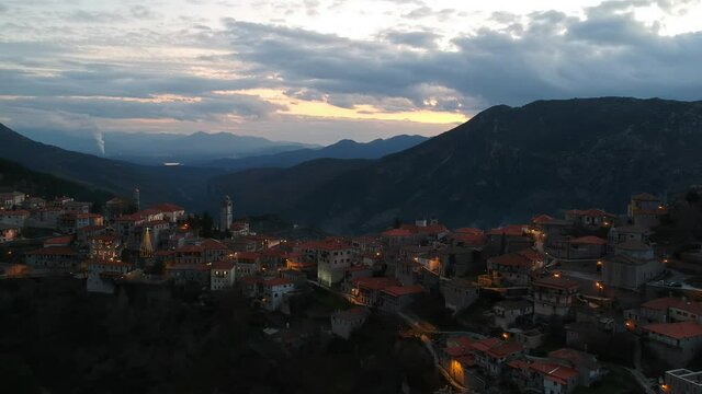Aerial view over the beautiful historical village Dimitsana during winter period in Arcadia, Peloponnese, Greece