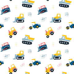 Seamless pattern with Hand drawn cute cars Truck, tractor, cargo crane, bulldozer, excavator.