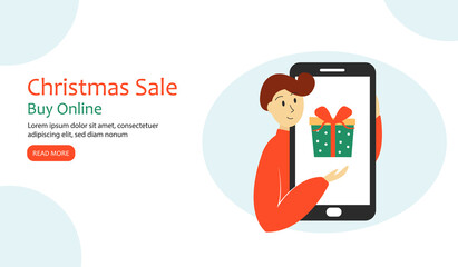 Landing page template. Happy man with a smartphone. Christmas background for online sales or shopping. Vector illustration.