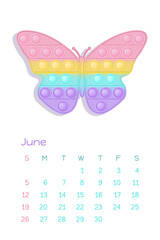 Pop it pastel June for calendar 2022 with fidget toys figures. Vector illustration in popit style as fashionable silicone toy for fidgets. Printable wall vertical calendar. Part of the set.