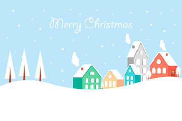 Fototapeta na wymiar Christmas landscape with cute houses, forest and snowfall. New Year background picture. Vector illustration.
