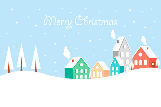 Christmas landscape with cute houses, forest and snowfall. New Year background picture. Vector illustration.