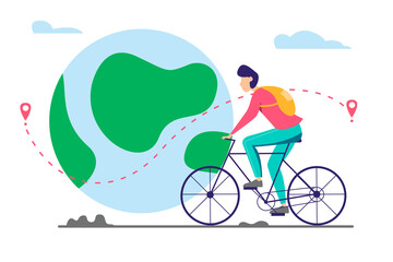 Man riding a bicycle near a huge planet. illustration for application and site. Modern design for travel, active lifestyle.