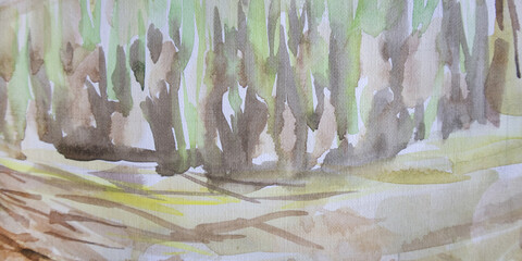 Fresh greenery background. Neutral wallpaper. Organic sprouts eco-friendly concept. Rural watercolor. Sprouting in soil painting. Earth tones artwork.