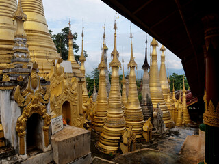 Golden buddhist stupas in burma, near inle lake. Myanmar