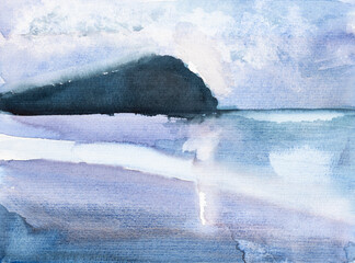 North Sea coast in England in blue calm evening hand drawn by watercolors on white textured paper