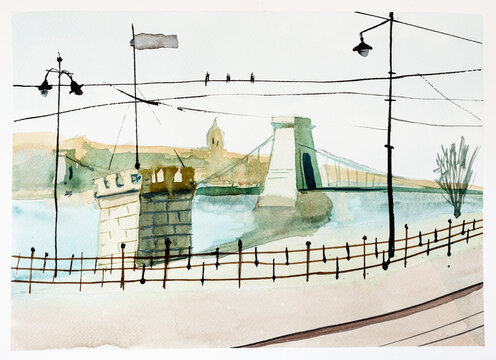 view of waterfront and bridge on river in Budapest city hand drawn by watercolors on white textured paper