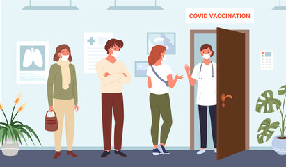 Cartoon people in masks waiting in line for covid vaccine injection in hospital, doctor opening door to patient in clinic. Coronavirus medical prevention concept. Vaccination queue vector illustration