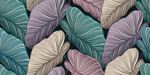 Tropical background, seamless pattern with colorful textured pastel colocasia leaves. Hand-drawn premium vintage 3d vector illustration. Good luxury wallpapers, fabric printing, cloth, paper, poster - 477265045