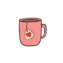 hand drawn tea cup with heart tag for love card design