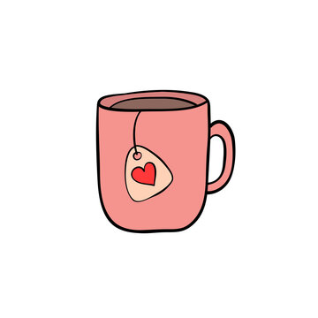 hand drawn tea cup with heart tag for love card design