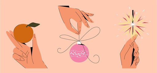 Set of images of hands with Christmas things: tangerine, Christmas ball, sparklers. Flat vector illustration 