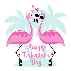 Happy Valentine's Day - cute cartoon flamingos with hearts in island. Good for greeting card, poster, label, mug and other gifts design.
