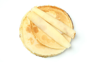 Crepes or thin pancakes isolated on white background