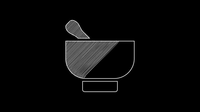 White line Magic mortar and pestle icon isolated on black background. 4K Video motion graphic animation