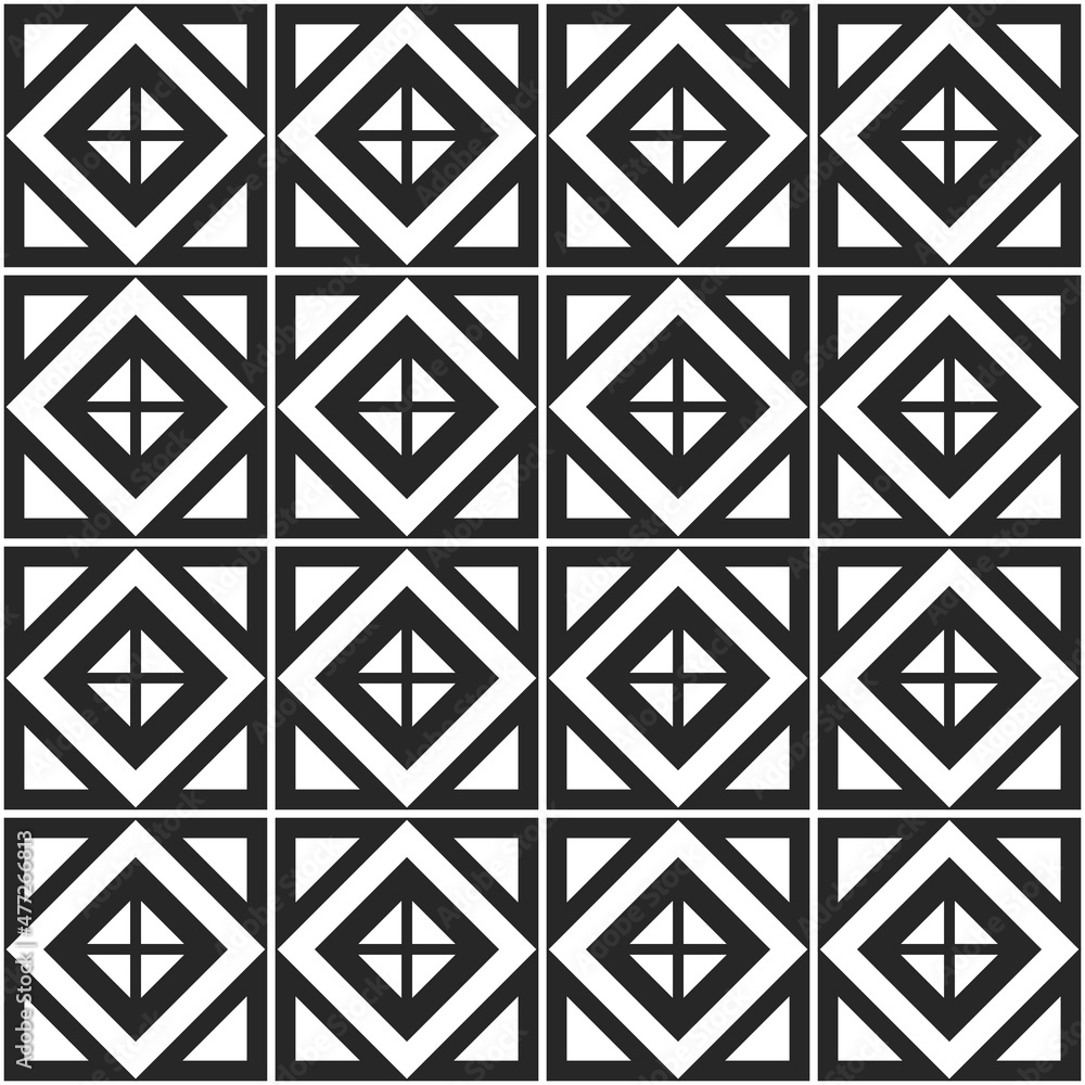 Poster tile of rhombuses with four parts of a white rhombus inside. vector from square tiles of black and w