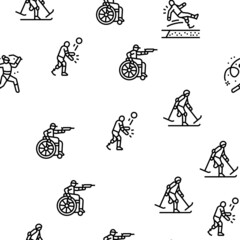 Handicapped Athlete Sport Game Vector Seamless Pattern Thin Line Illustration