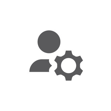 Profile person with gear or cogwheel icon. Manage accounts, admin panel black vector filled symbol.