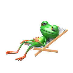 3D Illustration of a Green Frog in a Deck Chair