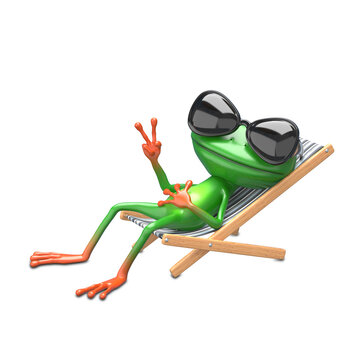 3D Illustration of a Green Frog in a Deck Chair and Glasses