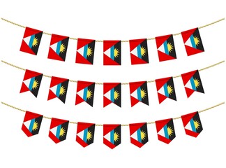 Antigua and Barbuda flag on the ropes on white background. Set of Patriotic bunting flags. Bunting decoration of Antigua and Barbuda flag
