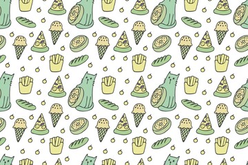 Cats and food seamless pattern