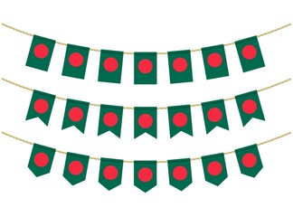 Obraz premium Bangladesh flag on the ropes on white background. Set of Patriotic bunting flags. Bunting decoration of Bangladesh flag