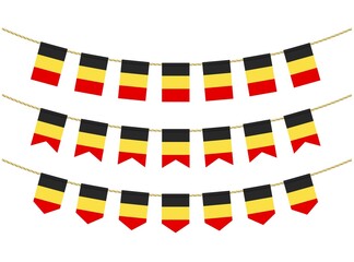 Fototapeta na wymiar Belgium flag on the ropes on white background. Set of Patriotic bunting flags. Bunting decoration of Belgium flag