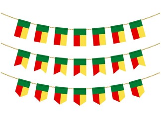 Benin flag on the ropes on white background. Set of Patriotic bunting flags. Bunting decoration of Benin flag