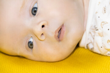 A newborn baby on a yellow and gray background. A photo shoot in the style of Newborn and lifestyle.