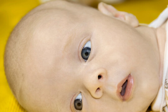A newborn baby on a yellow and gray background. A photo shoot in the style of Newborn and lifestyle.