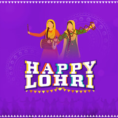 Sticker Style Happy Lohri Font With Punjabi Young Women Playing Dhol, Sapp Instrument On Purple Mandala Pattern Background.