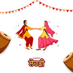 Happy Lohri Celebration Concept With Faceless Punjabi Women Performing Giddha Dance, Dhol Instruments And Bunting Flags On White Background.