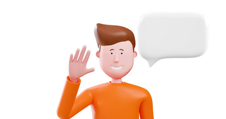 3d man say hi hand style or good bye with speech bubble. 3d render.