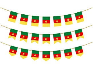 Fototapeta na wymiar Cameroon flag on the ropes on white background. Set of Patriotic bunting flags. Bunting decoration of Cameroon flag