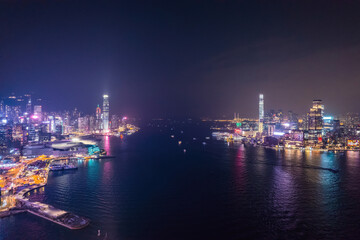cyberpunk mood of the nightscape of Victoria Harbour, Hong Kong, panorama