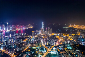 Fototapeta na wymiar cyberpunk mood of the nightscape of Kowloon downtown area, Hong Kong, panorama