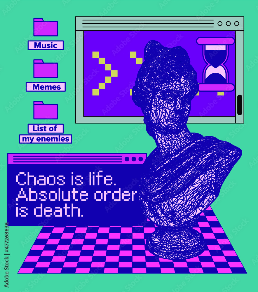 Poster retro computer interface and 3d low poly model of bust sculpture. vaporwave style vector illustratio