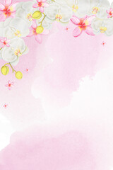 Romantic pink watercolor background. Tropical flowers backdrop for invitation and greeting cards. Wedding light design with hand drawn orchid and frangipani flowers. Spring infusion illustration.