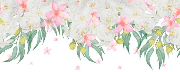 Hand drawn border of white orchid flowers and eucalyptus leaves. Seamless horizontal watercolor wedding pattern. Background for invitation and greeting cards with orchids and frangipani.