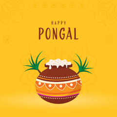 Happy Pongal Celebration Poster Design With Traditional Dish (Rice) In Mud Pot And Sugarcane On Yellow Mandala Pattern Background.