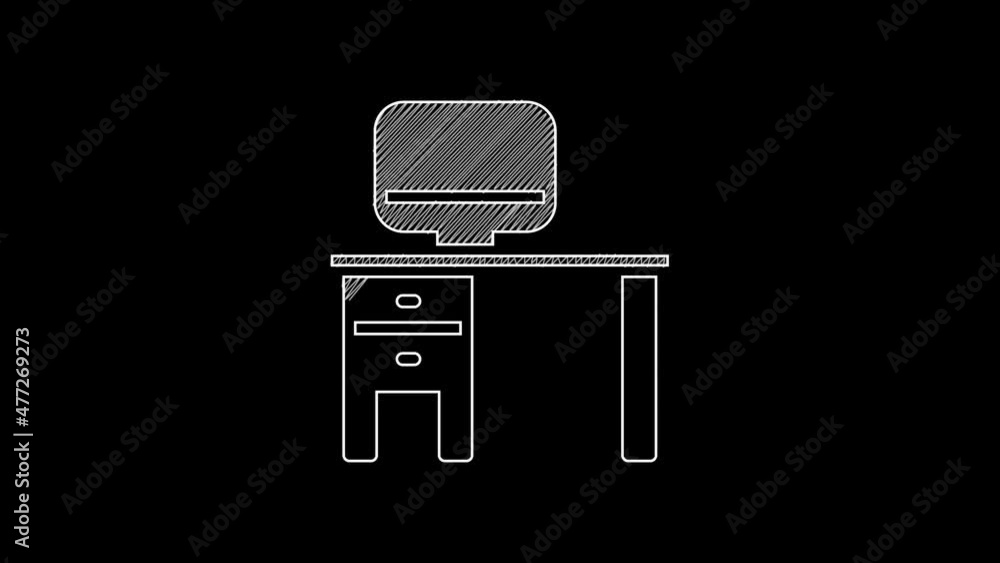 Poster white line computer monitor and desk icon isolated on black background. pc component sign. 4k video 