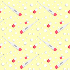 medicine. Thermometer and tablets or vitamins. Design element. background. pidemic, hospital