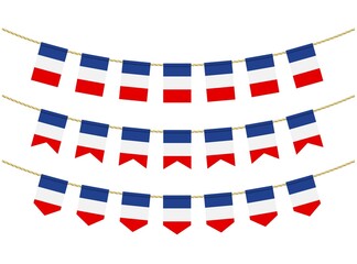 France flag on the ropes on white background. Set of Patriotic bunting flags. Bunting decoration of France flag