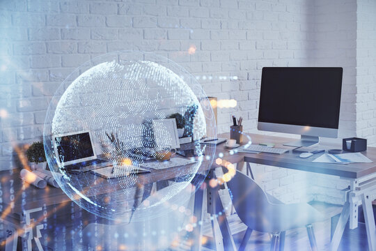 Multi exposure of world map drawing and office interior background. Concept of international network. - Powered by Adobe