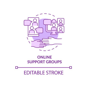 Online Support Group Purple Concept Icon. Therapy Sessions Abstract Idea Thin Line Illustration. Virtual Community. Isolated Outline Drawing. Editable Stroke. Roboto-Medium, Myriad Pro-Bold Fonts Used