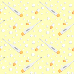 medicine. Thermometer and tablets or vitamins. Design element. background. pidemic, hospital