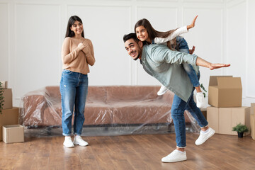 Happy muslim family having fun on moving day